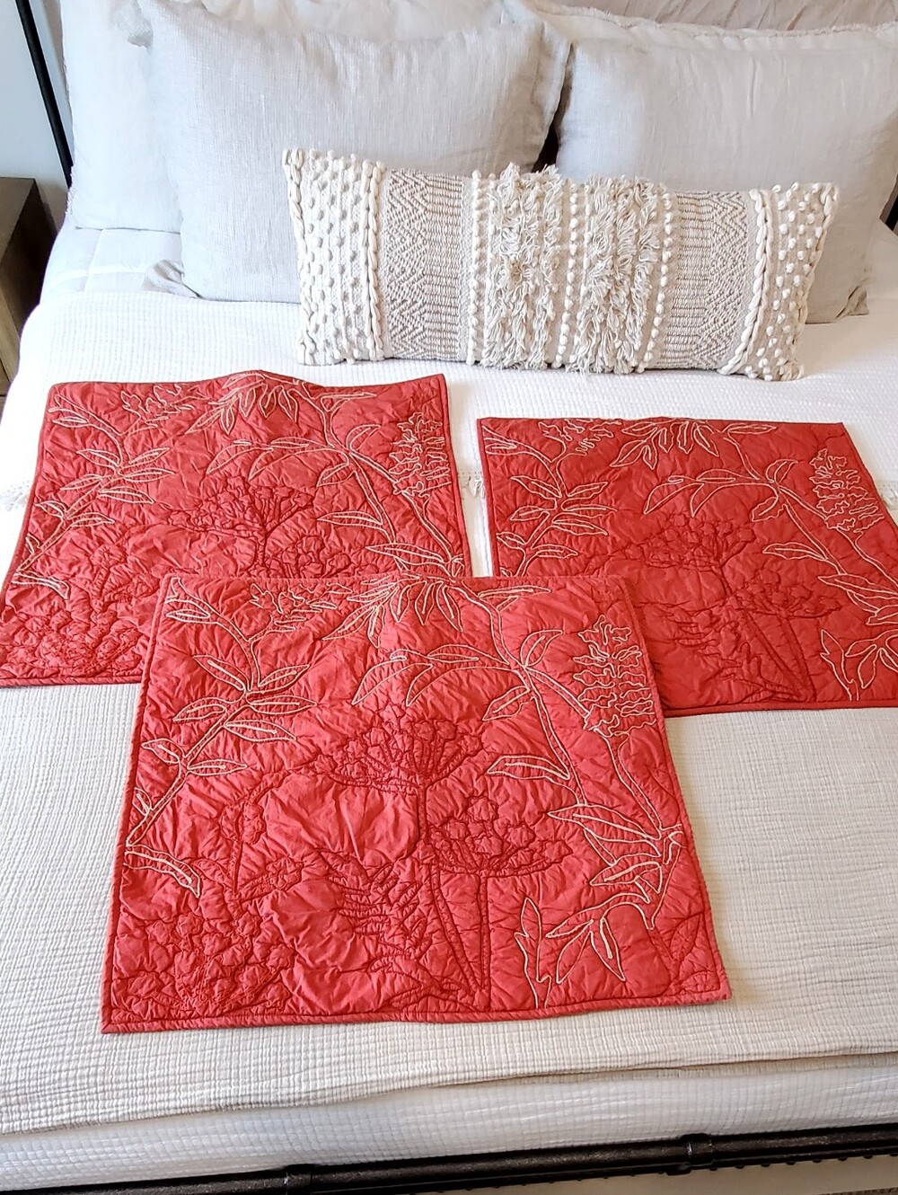 3 Pottery Barn Brick/Tan Organic Cotton Crewel Leaf Botanical Quilted Euro Shams